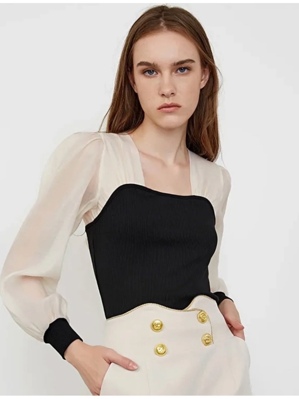 J.ING Black Ribbed Bodice with Cream Sheer Puff Sleeve Top